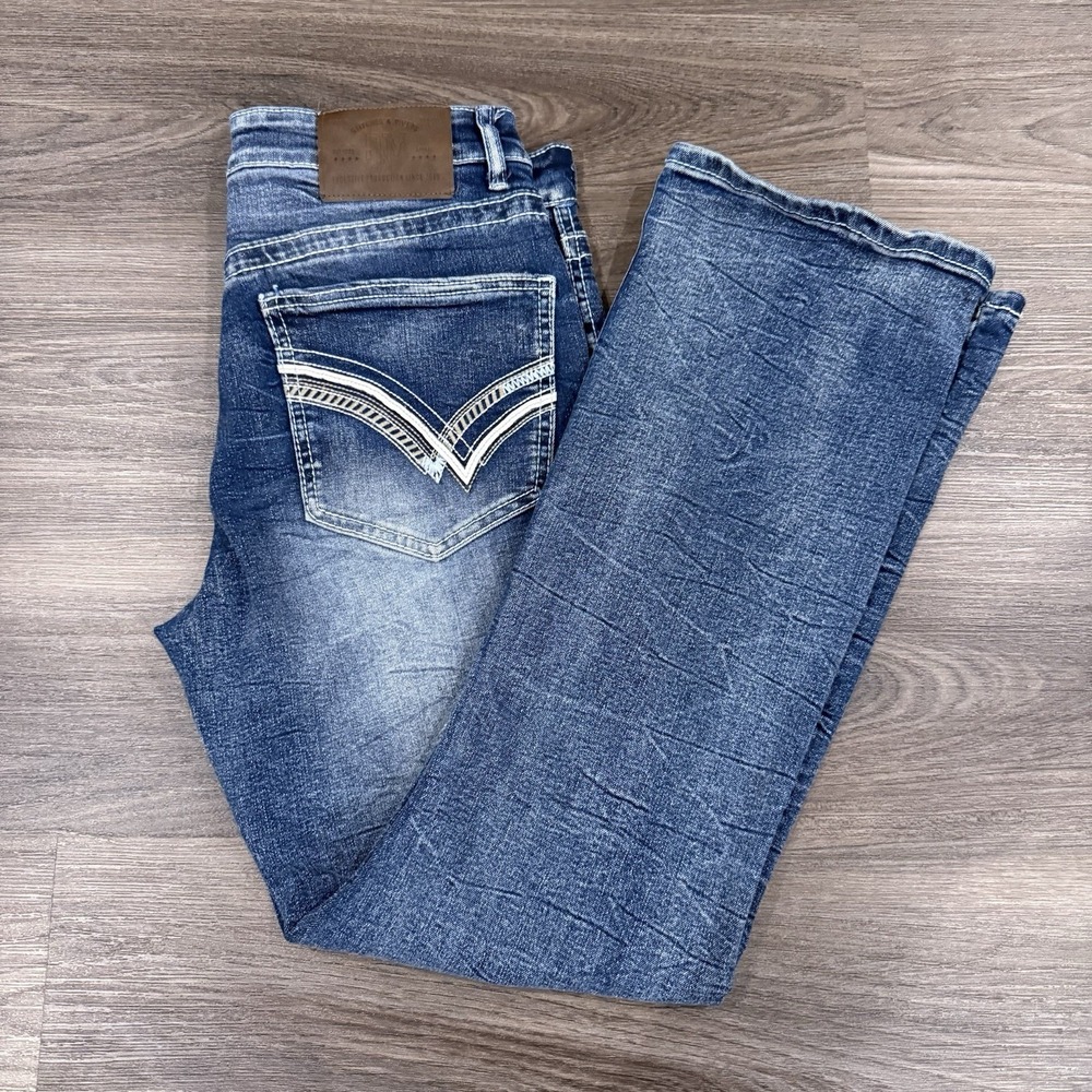 Stitches & Rivets Bootcut Jeans Distressed Detailing and Embroidered Pockets